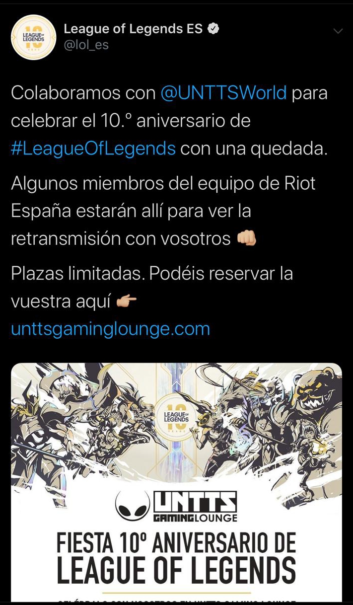 A tweet from League of Legends ES inviting fans to join the event at UNTTS