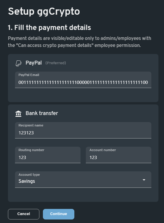 Filling in payment info for the ggCrypto crypto mining service