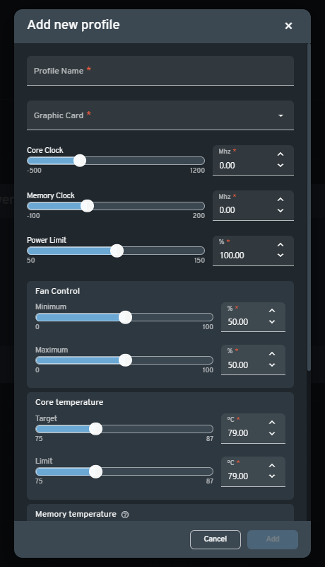 The GPU Profile setup modal is where the overclocking settings can be configured