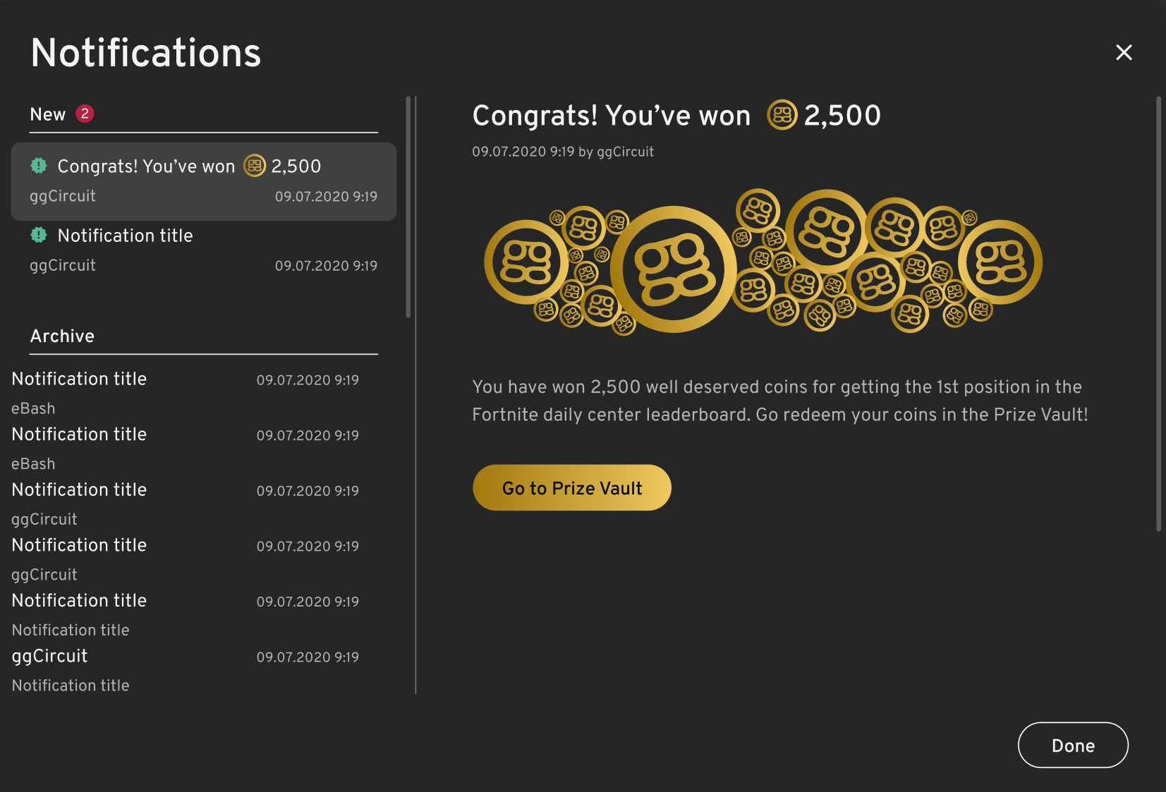 Heres what a winner player will receive in their notifications