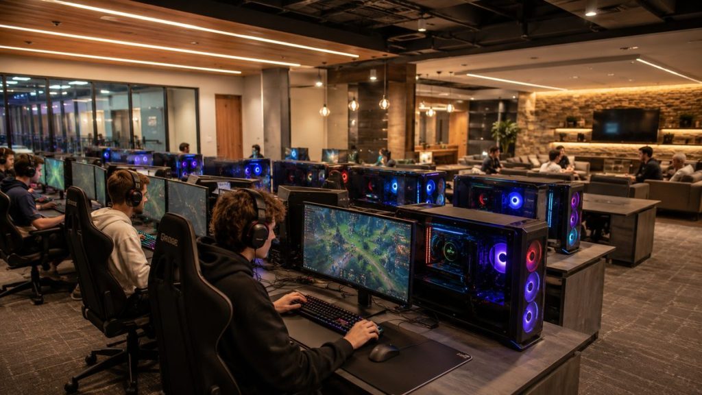 Modern university esports gaming lounge with rows of high-end gaming PCs