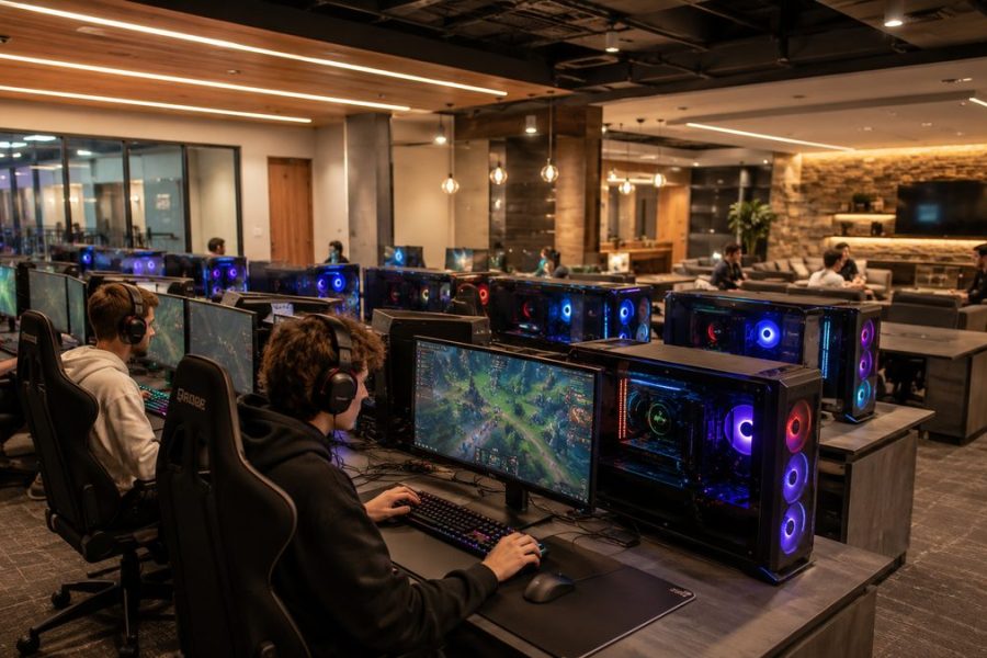 Modern university esports gaming lounge with rows of high-end gaming PCs