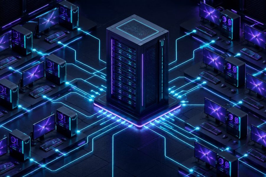 Isometric illustration of a central server connected by network lines to many gaming PCs