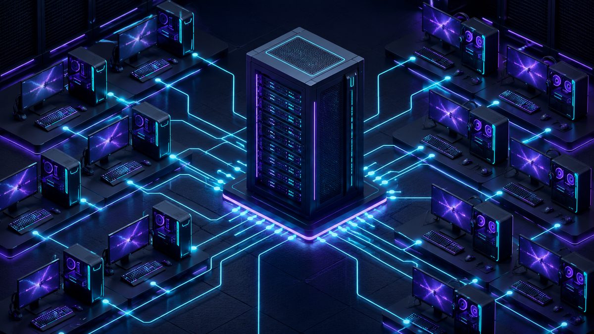 Isometric illustration of a central server connected by network lines to many gaming PCs