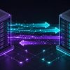 Two server systems transferring data between them, representing a no-downtime migration