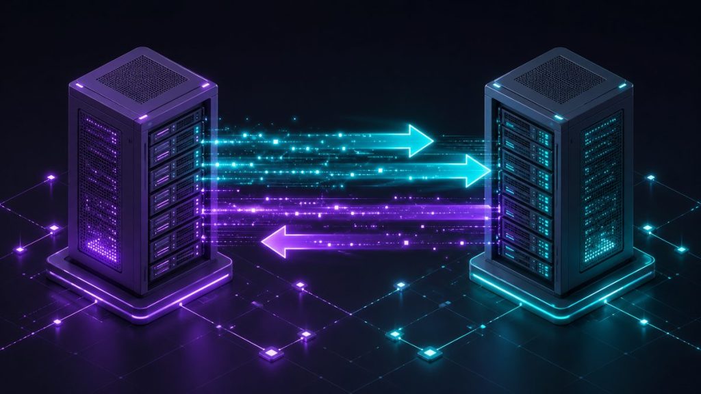 Two server systems transferring data between them, representing a no-downtime migration