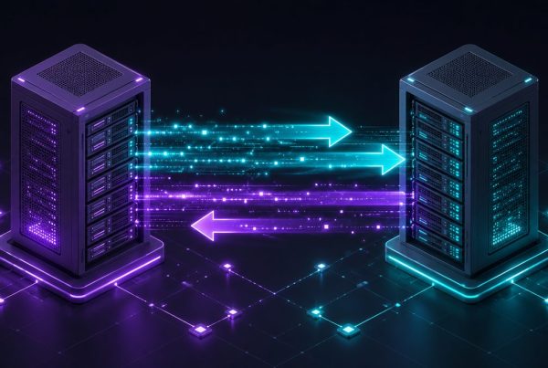 Two server systems transferring data between them, representing a no-downtime migration