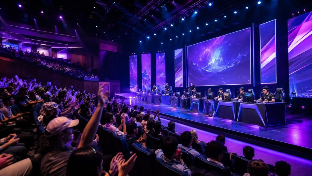 Collegiate esports tournament in an auditorium with players on stage and a cheering crowd