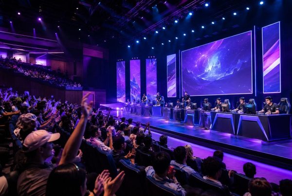 Collegiate esports tournament in an auditorium with players on stage and a cheering crowd