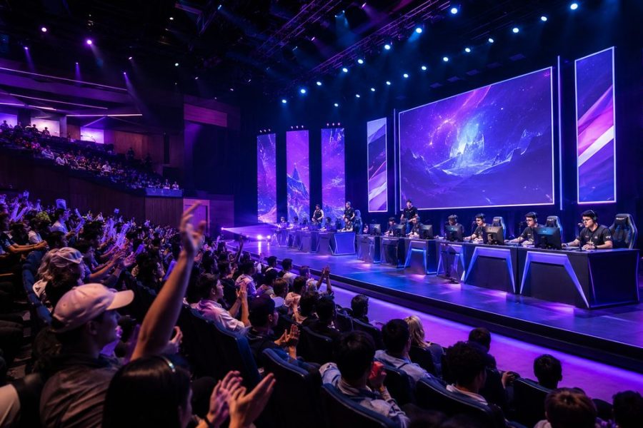 Collegiate esports tournament in an auditorium with players on stage and a cheering crowd